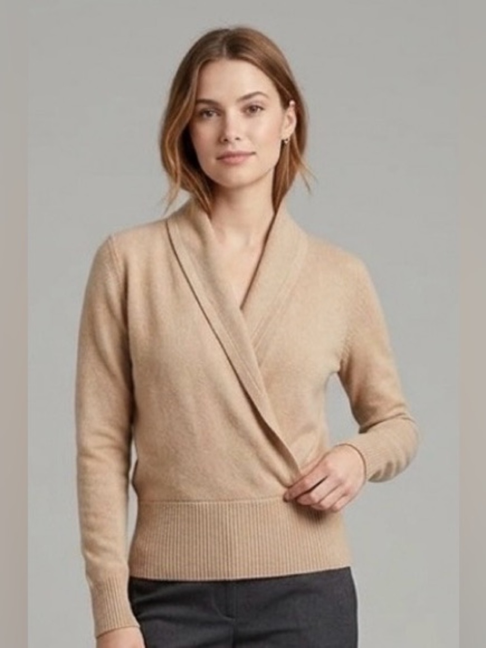 Ann Taylor Camel 100% Cashmere Wrap-Front Sweater